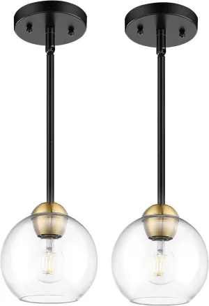 Emak 2 Pack Black and Gold Pendant Light Fixtures, Modern 7 Inch Globe Pendant Lights Kitchen Island with Clear Glass Shade, 1 Light Hanging Lights for Kitchen, Bedroom, Bathroom, PL119-BKBGD-2PK