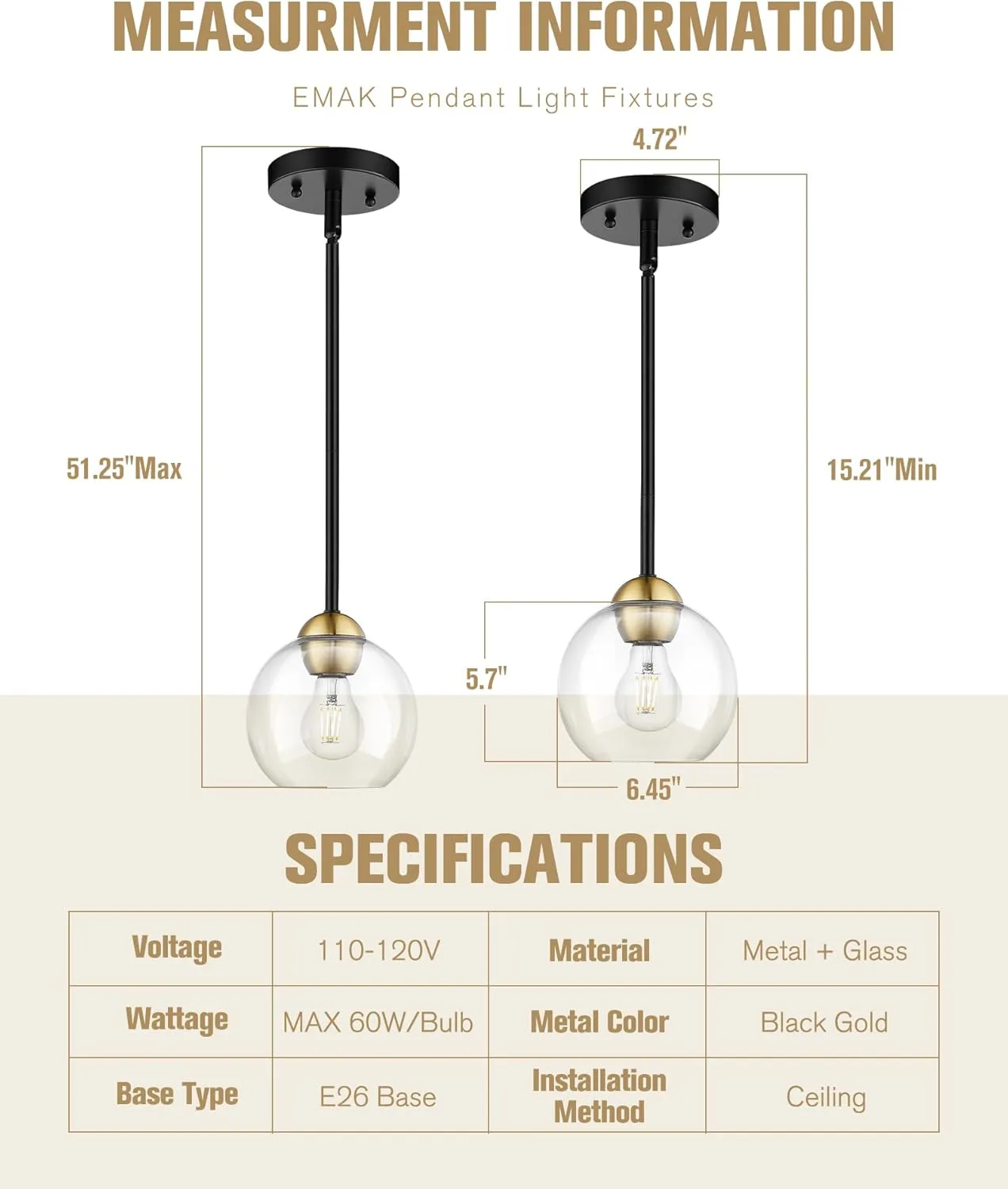 Emak 2 Pack Black and Gold Pendant Light Fixtures, Modern 7 Inch Globe Pendant Lights Kitchen Island with Clear Glass Shade, 1 Light Hanging Lights for Kitchen, Bedroom, Bathroom, PL119-BKBGD-2PK