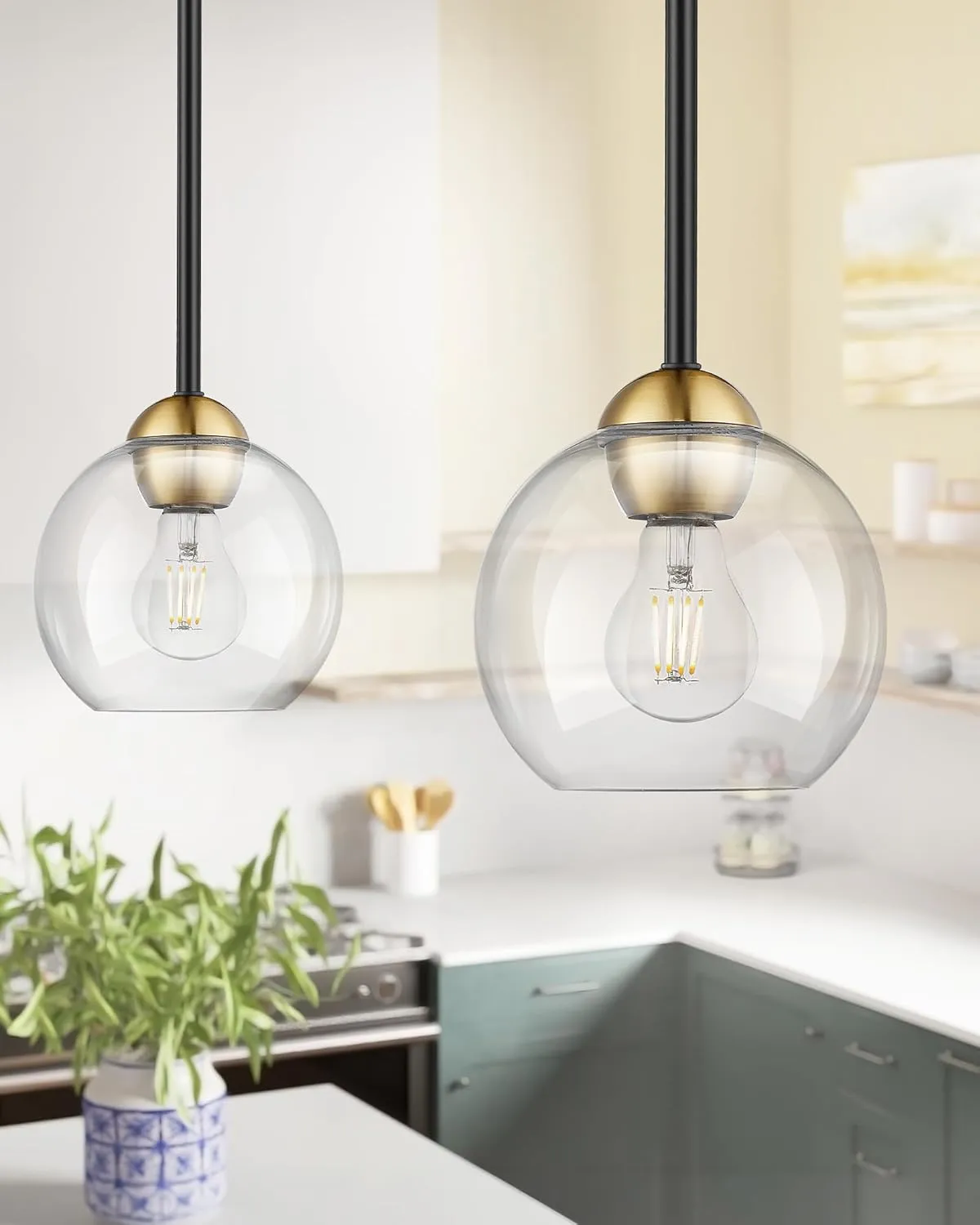 Emak 2 Pack Black and Gold Pendant Light Fixtures, Modern 7 Inch Globe Pendant Lights Kitchen Island with Clear Glass Shade, 1 Light Hanging Lights for Kitchen, Bedroom, Bathroom, PL119-BKBGD-2PK