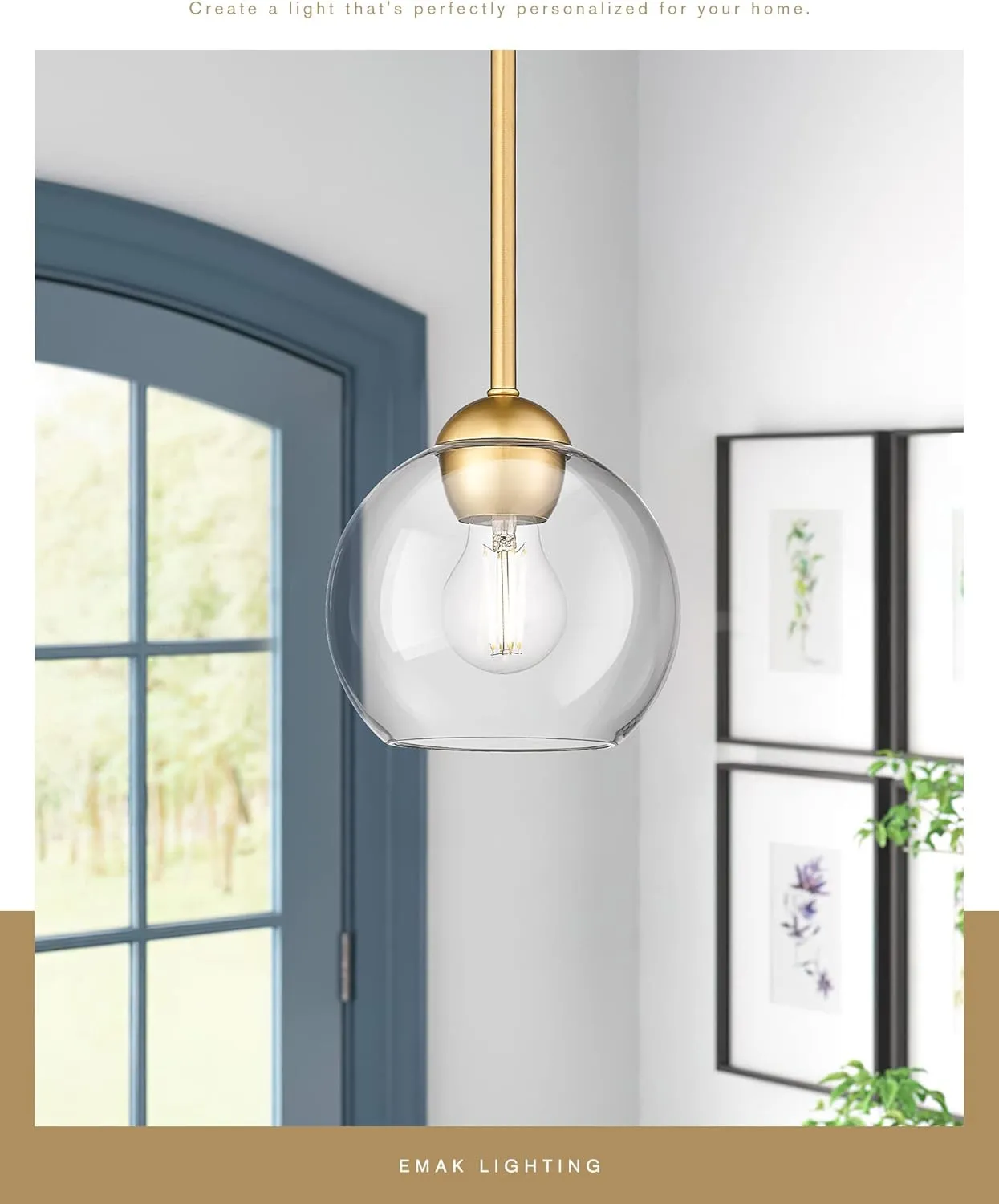 Emak Modern 7 Inch Globe Pendant Lights, Industrial Gold Pendant Light Fixtures, 1-Light Hanging Lights with Clear Glass Shade for Kitchen Island, Bedroom, Bathroom, Dining Room, Hallway, PL119-GD