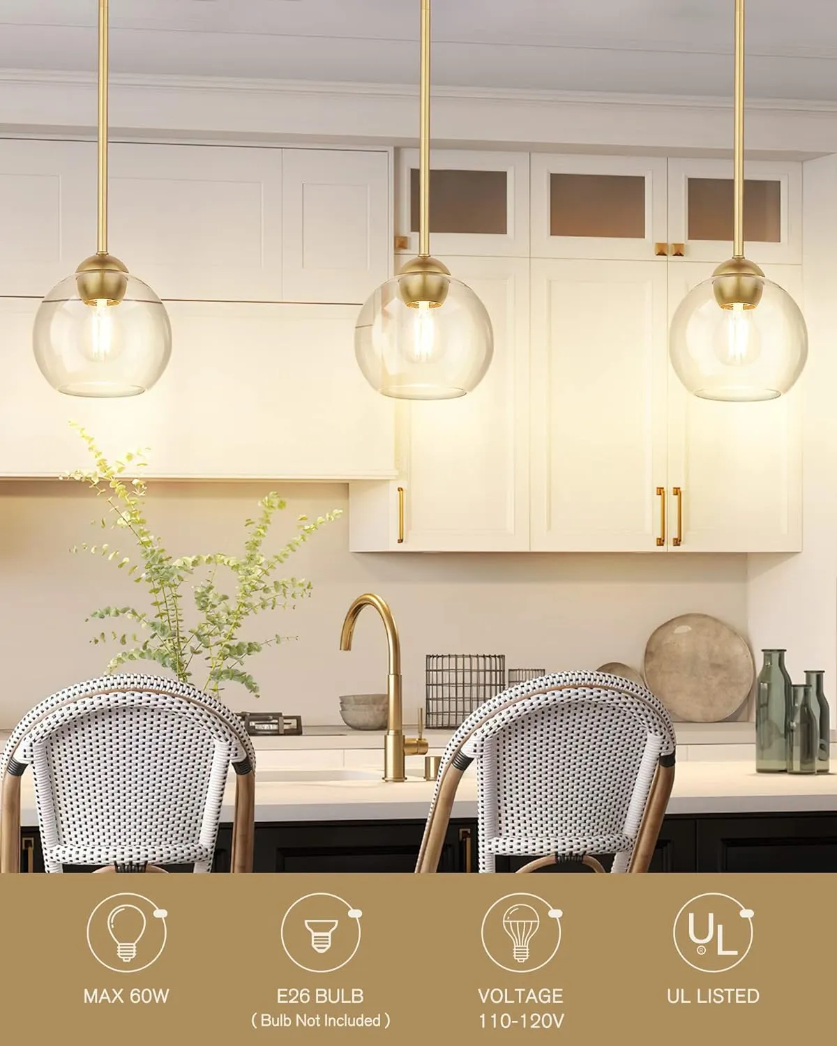 Emak Modern 7 Inch Globe Pendant Lights, Industrial Gold Pendant Light Fixtures, 1-Light Hanging Lights with Clear Glass Shade for Kitchen Island, Bedroom, Bathroom, Dining Room, Hallway, PL119-GD