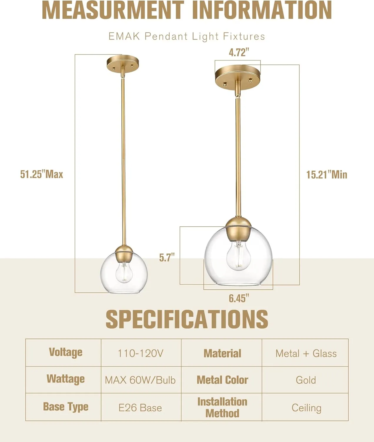 Emak Modern 7 Inch Globe Pendant Lights, Industrial Gold Pendant Light Fixtures, 1-Light Hanging Lights with Clear Glass Shade for Kitchen Island, Bedroom, Bathroom, Dining Room, Hallway, PL119-GD