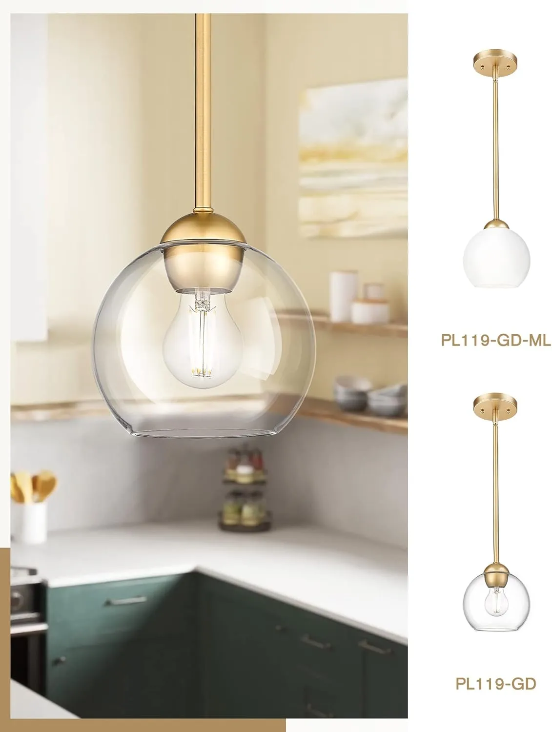 Emak Modern Gold Pendant Light Fixtures, 7 Inch Globe Pendant Lights with Clear Glass, 1 Light Hanging Lights for for Kitchen Island, Bathroom, Dining Room, Bedroom, Hallway, 2 Pack, PL119-GD-2PK