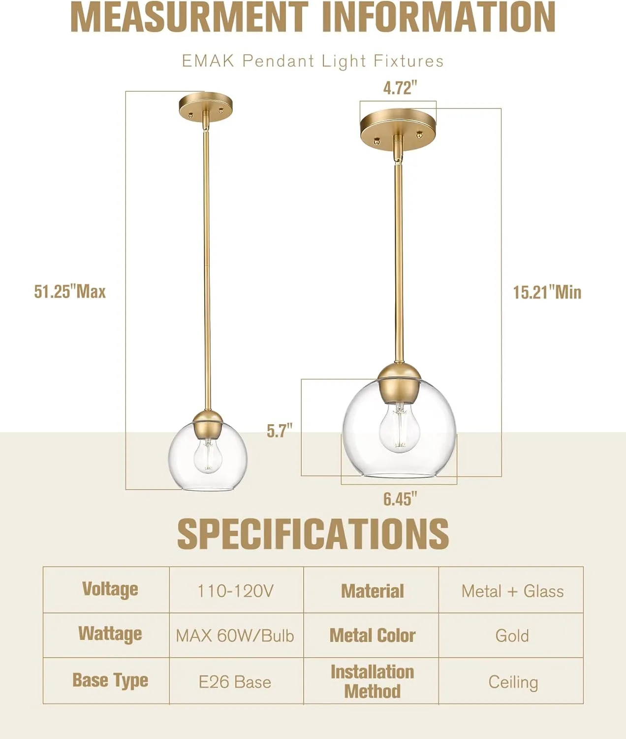 Emak Modern Gold Pendant Light Fixtures, 7 Inch Globe Pendant Lights with Clear Glass, 1 Light Hanging Lights for for Kitchen Island, Bathroom, Dining Room, Bedroom, Hallway, 2 Pack, PL119-GD-2PK