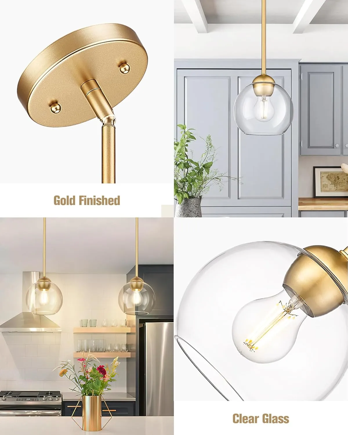 Emak Modern Gold Pendant Light Fixtures, 7 Inch Globe Pendant Lights with Clear Glass, 1 Light Hanging Lights for for Kitchen Island, Bathroom, Dining Room, Bedroom, Hallway, 2 Pack, PL119-GD-2PK