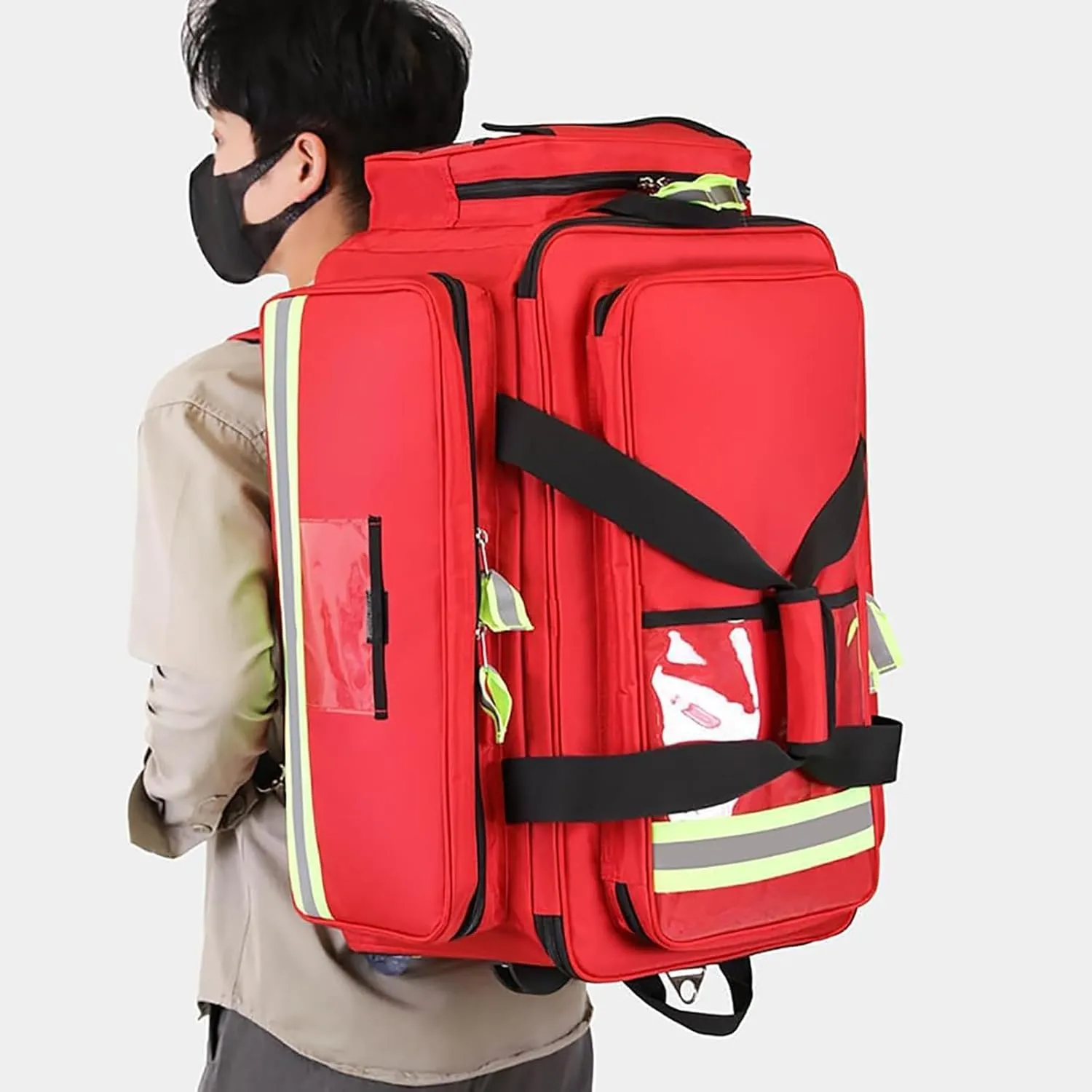 Emergency Responder Trauma Bag, First Aid Backpack Empty with Tie Rod, Wheels and Straps, Safe Night Reflective Strip Design and Oxford Cloth Material, for Hiking, Travel, Marine(Blue)