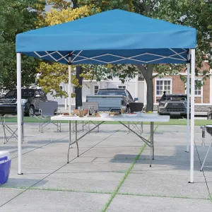 EMMA   OLIVER Tailgate Party Kit - 8'x8' Blue Pop-Up Canopy with Wheeled Case - 6' Bi-Fold Table with Handle - Height Adjustable Canopy - Easy to Store
