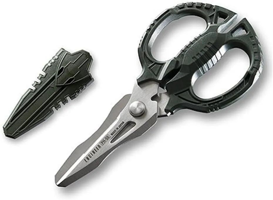 ENGINEER PH-55 Compact Electrician Scissors with 4-in-1 Multi-Function Blade - cuts Carpet, Leather, Solid Copper Wire, Insulated cable, CDs, Thick Rope & More (Made in Japan)