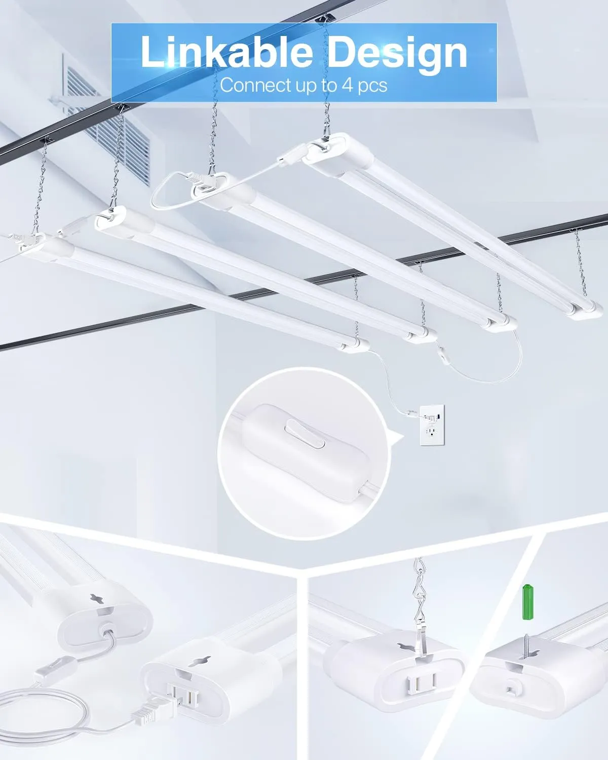 Ensenior 4 Pack Linkable Led Shop Light 4ft for Garage, 4400 High Lumens, 36W Equivalent 280W, 5000K Daylight, 48 Inch Utility Surface or Hanging Mount Fixtures, White, ETL Certified