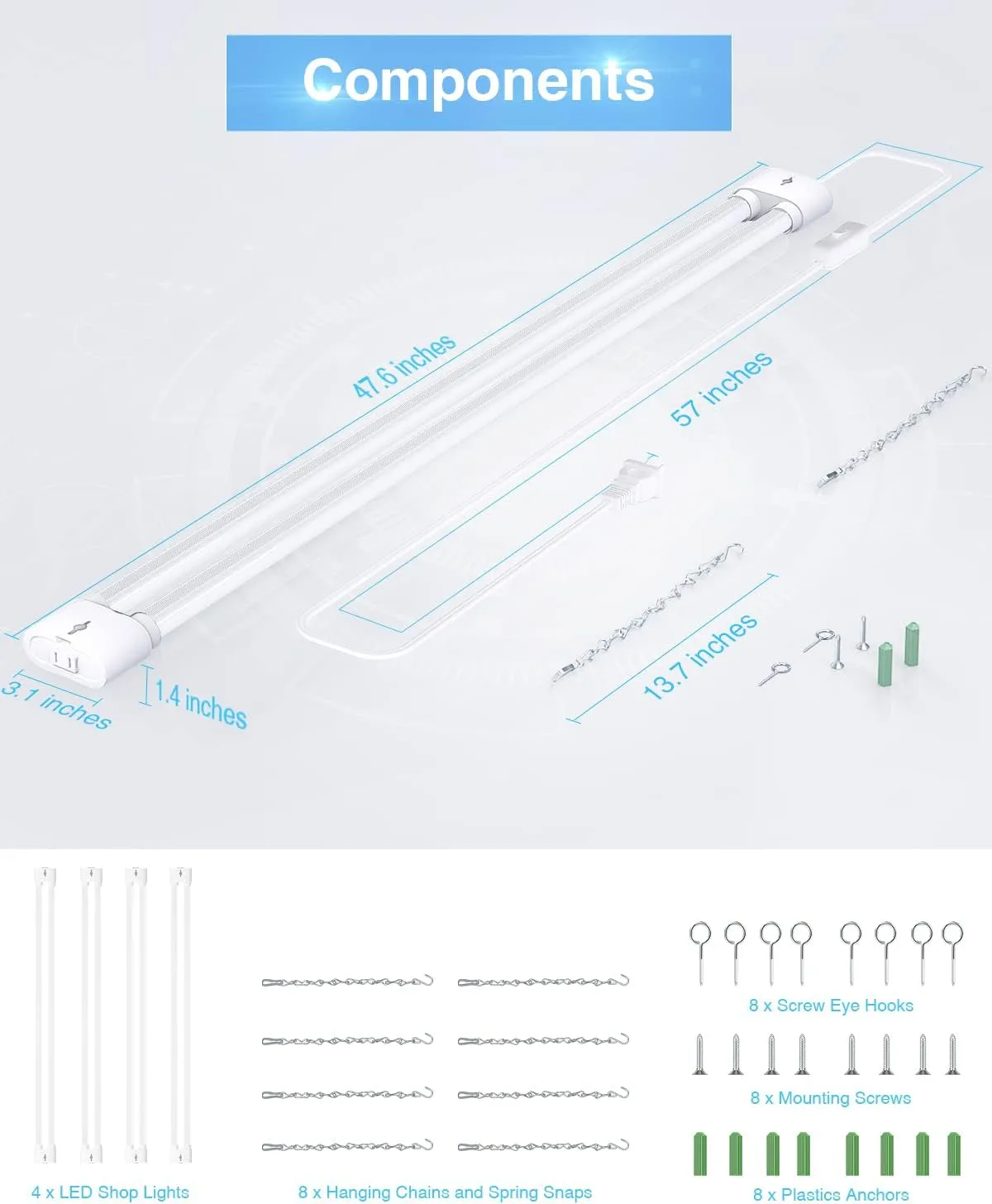 Ensenior 4 Pack Linkable Led Shop Light 4ft for Garage, 4400 High Lumens, 36W Equivalent 280W, 5000K Daylight, 48 Inch Utility Surface or Hanging Mount Fixtures, White, ETL Certified