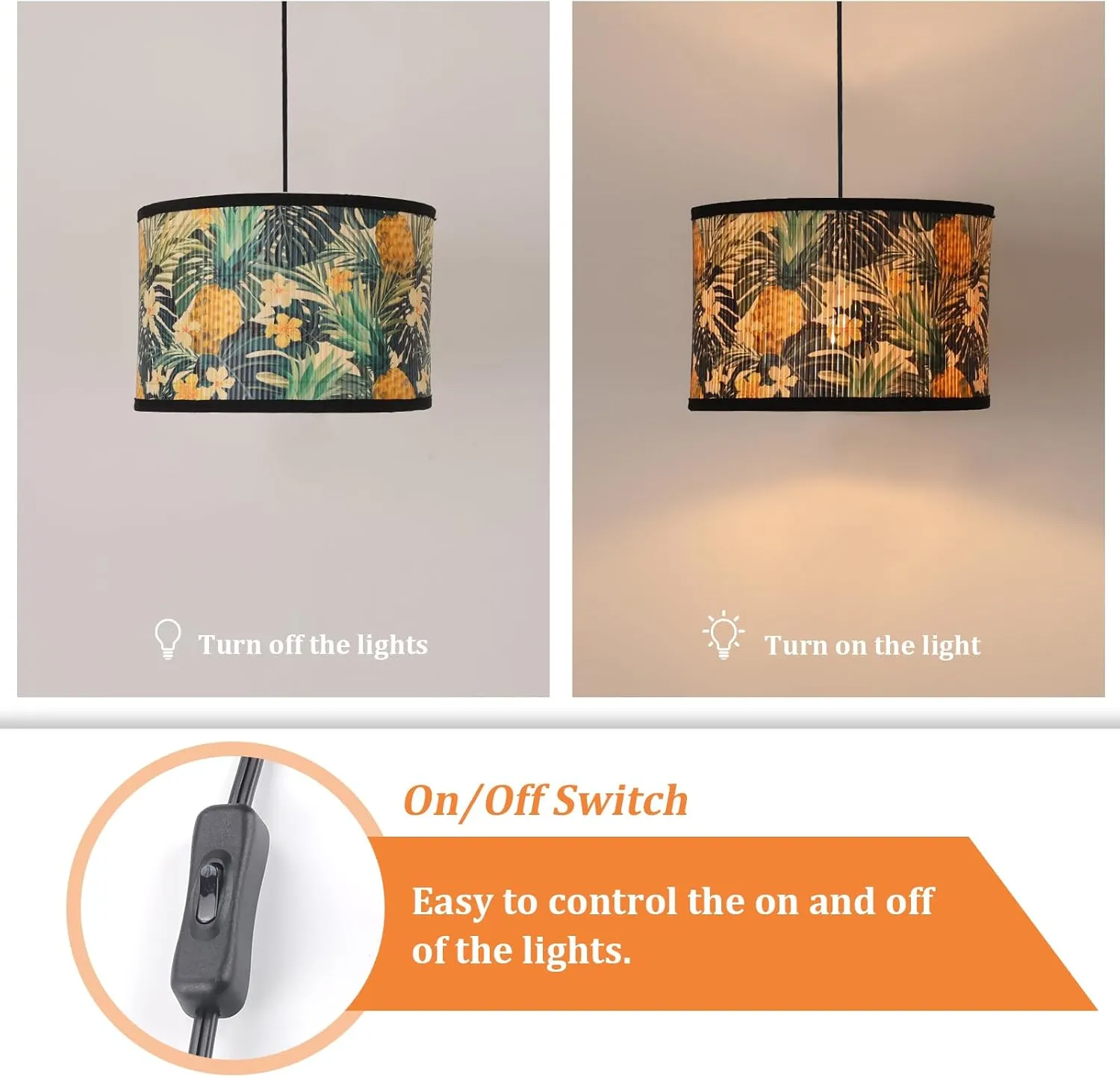 Eoiips Plug in Pendant Light Bamboo, 14.76ft Hanging Lamp with Plug in Cord, ON/Off Switch, Hanging Light Shade with Pattern, Pendant Light Fixture for Kitchen Island Bedroom Living Room(Pineapple)