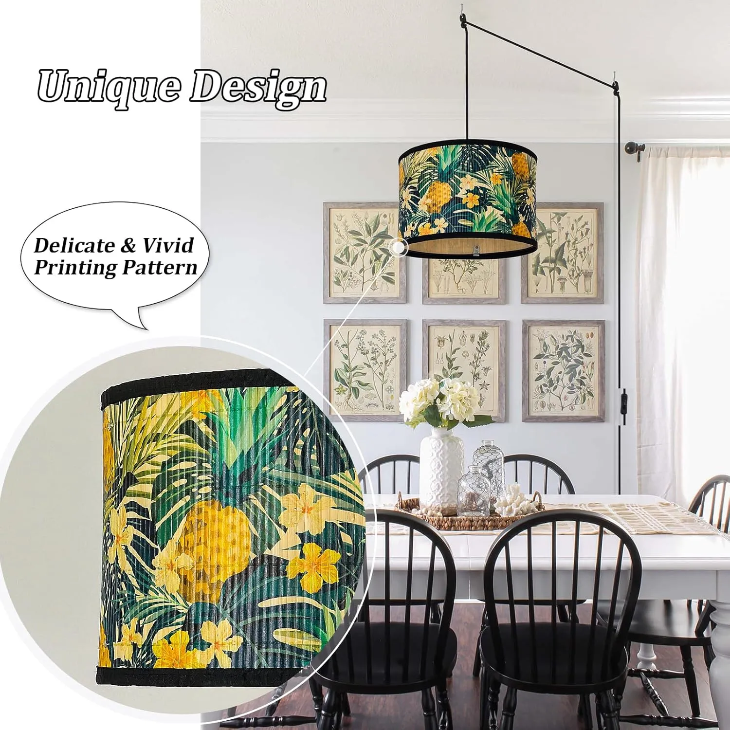 Eoiips Plug in Pendant Light Bamboo, 14.76ft Hanging Lamp with Plug in Cord, ON/Off Switch, Hanging Light Shade with Pattern, Pendant Light Fixture for Kitchen Island Bedroom Living Room(Pineapple)