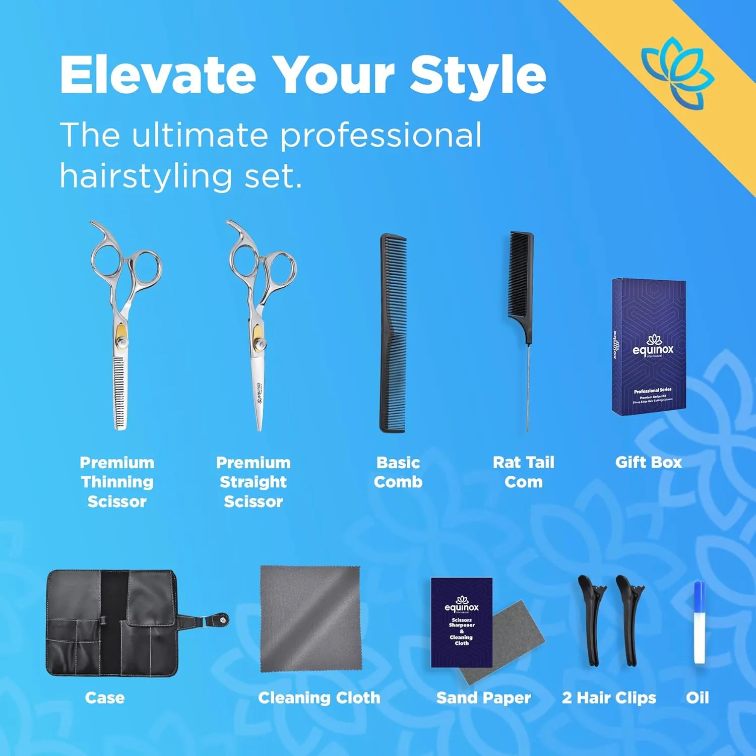 Equinox Professional Hair Scissors Set - Premium Essential Kit, Includes Hair Cutting Scissors, Thinning Shears, Straight Razor, Basic Comb, Cleaning Cloth, & Sandpaper - Hair Salon & Barber Supplies