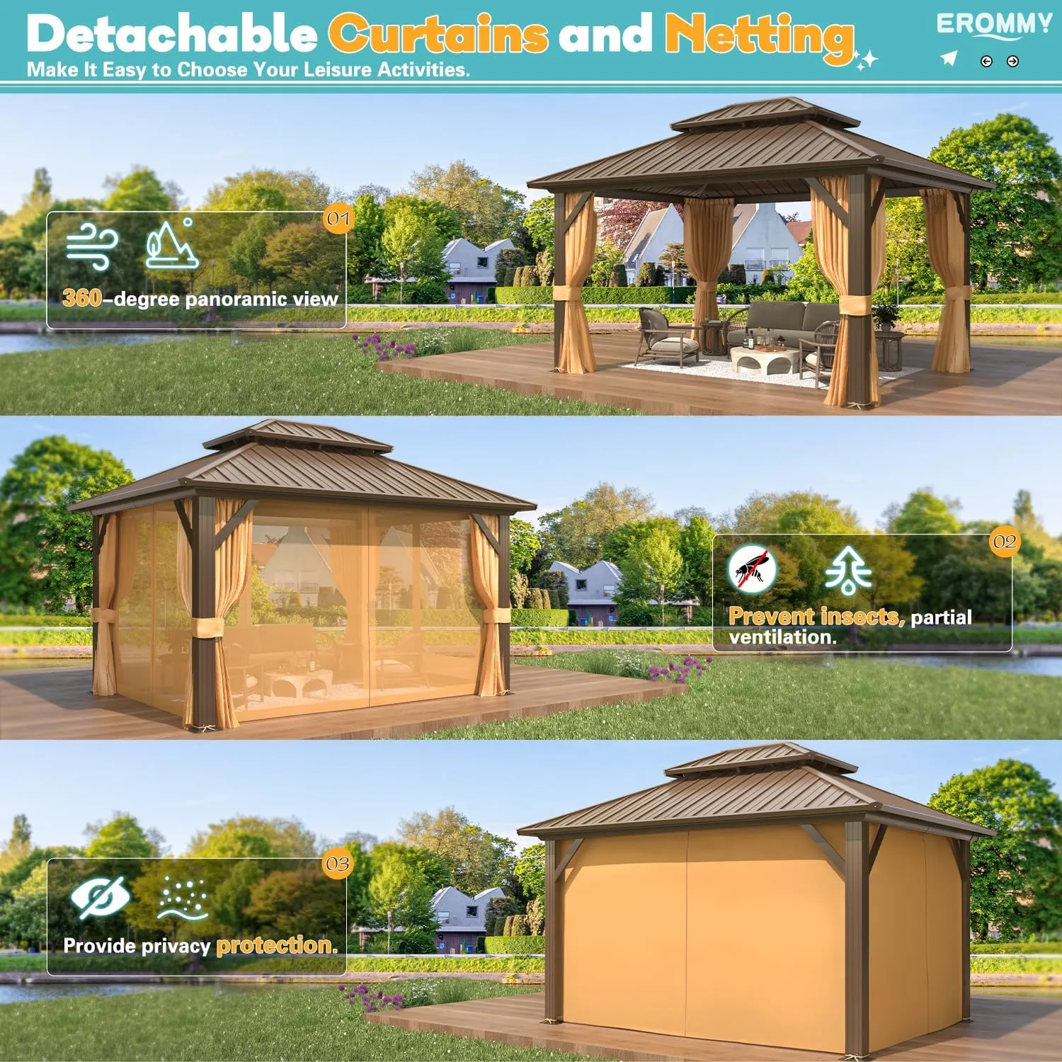 EROMMY 10' x 12' Hardtop Gazebo, Aluminum Frame Gazebos with Galvanized Steel Double Roof, Permanent Outdoor Metal Pavilion with Curtain and Netting for Patio, Lawn, Deck