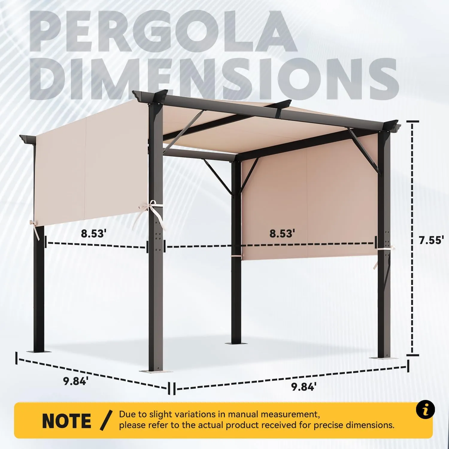 EROMMY Outdoor Pergola 10' x 10', Freestanding Metal Shelter with Adjustable Side Sun Shades, Retractable Canopy for Patios and Backyard, Beige