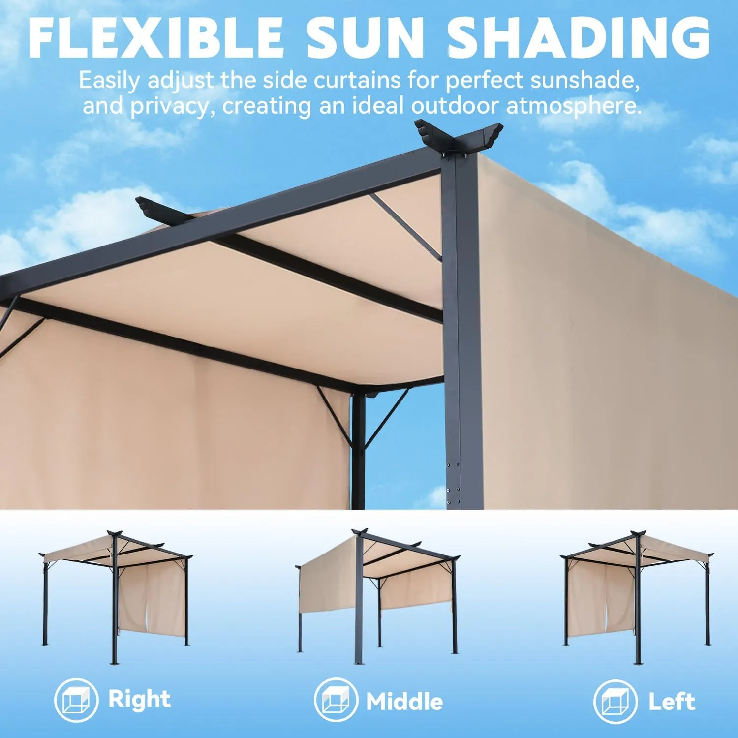 EROMMY Outdoor Pergola 10' x 10', Freestanding Metal Shelter with Adjustable Side Sun Shades, Retractable Canopy for Patios and Backyard, Beige