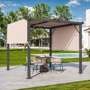 EROMMY Outdoor Pergola 10' x 10', Freestanding Metal Shelter with Adjustable Side Sun Shades, Retractable Canopy for Patios and Backyard, Beige