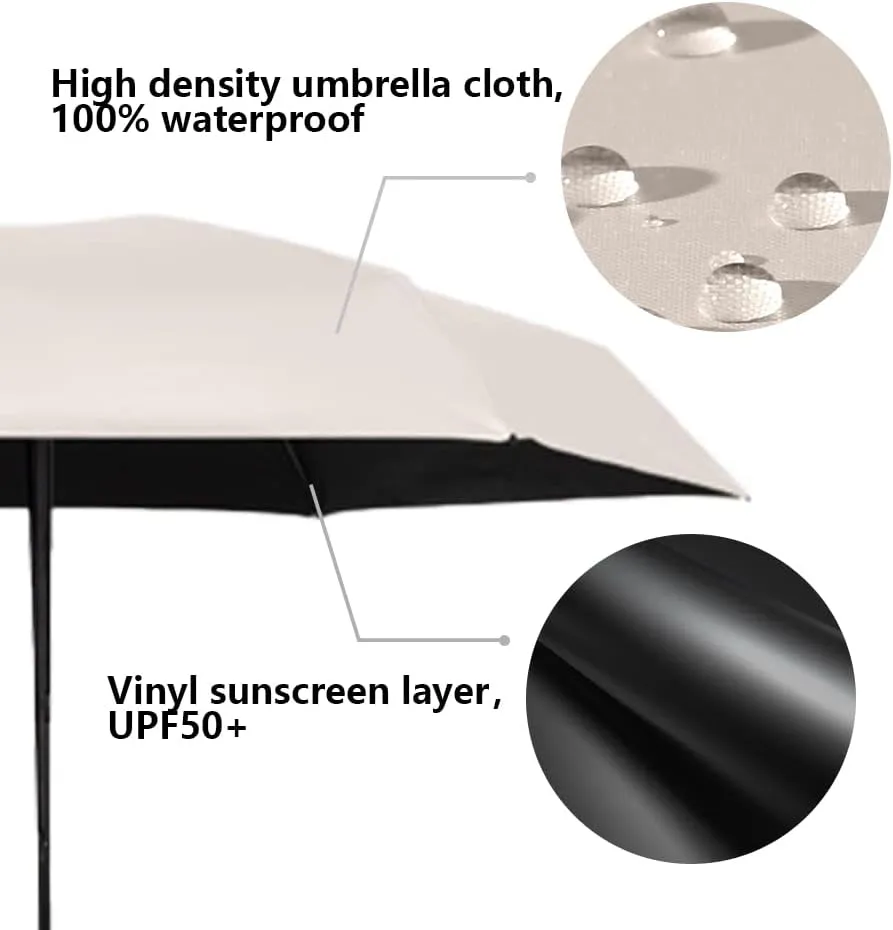 ESUFEIR Mini Travel Sun Umbrella for Purse With Case,Small Compact UV Umbrella Protection Sun,Lightweight Portable Parasol Windproof for Women Men Kids (Beige)