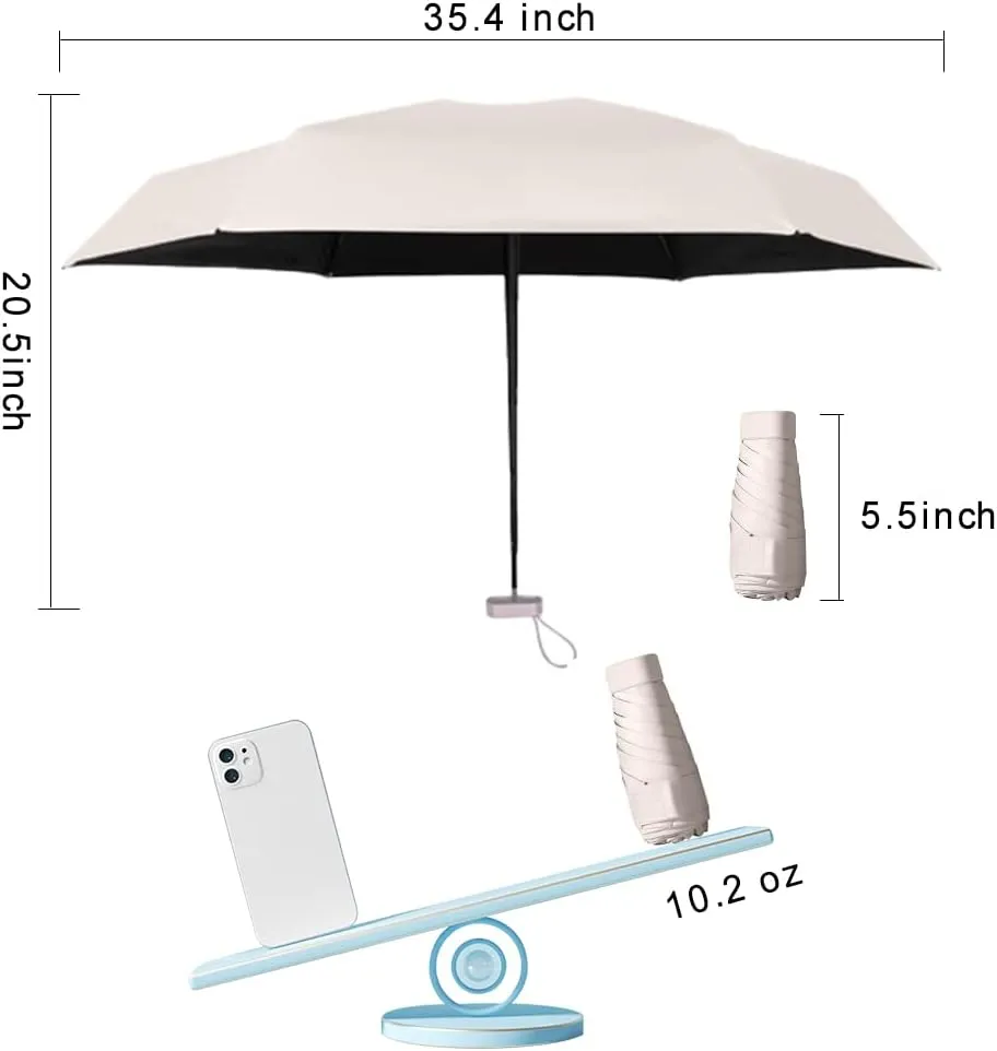 ESUFEIR Mini Travel Sun Umbrella for Purse With Case,Small Compact UV Umbrella Protection Sun,Lightweight Portable Parasol Windproof for Women Men Kids (Beige)