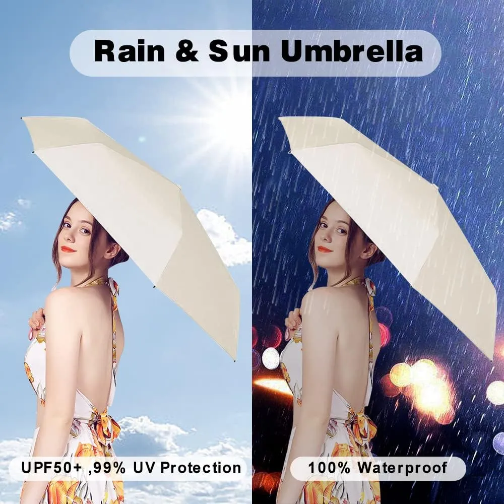 ESUFEIR Mini Travel Sun Umbrella for Purse With Case,Small Compact UV Umbrella Protection Sun,Lightweight Portable Parasol Windproof for Women Men Kids (Beige)