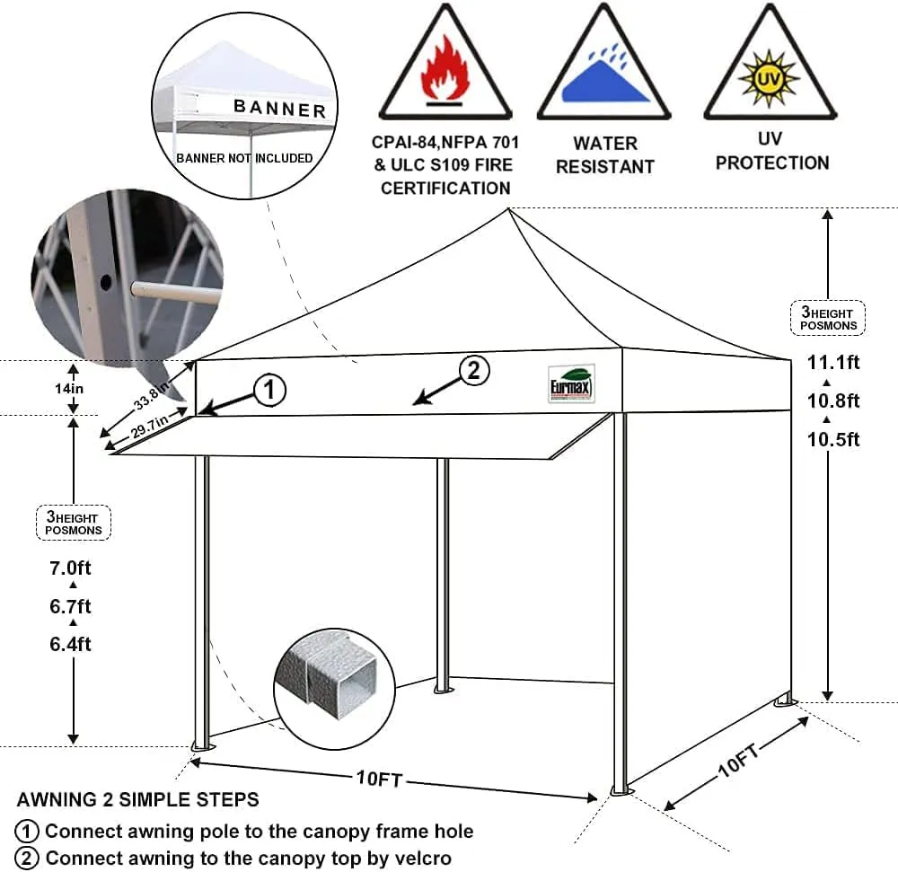 Eurmax USA 10 x 10 Pop up Canopy Commercial Tent Outdoor Party Canopies with 4 Removable Zippered Sidewalls and Roller Bag Bonus 4 Canopy Sand Bags & 24 Squre Ft Extended Awning(Blue)