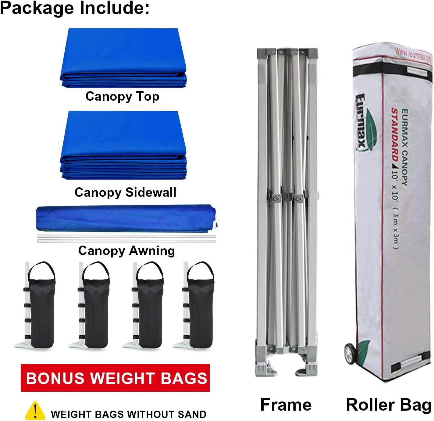 Eurmax USA 10 x 10 Pop up Canopy Commercial Tent Outdoor Party Canopies with 4 Removable Zippered Sidewalls and Roller Bag Bonus 4 Canopy Sand Bags & 24 Squre Ft Extended Awning(Blue)