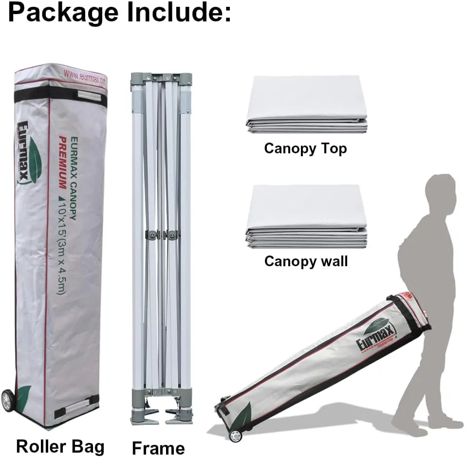 Eurmax USA Premium 10'x15' Pop-up Canopy Tent Party Tent Commercial Instant Canopies Shelter with Removable Sidewalls with Wheeled Carry Bag Bonus 4 Sand Bags(Gray)