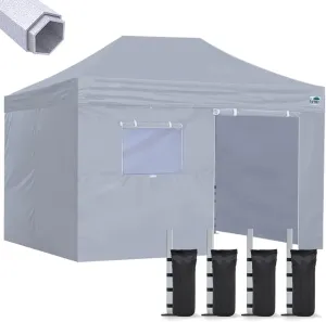 Eurmax USA Premium 10'x15' Pop-up Canopy Tent Party Tent Commercial Instant Canopies Shelter with Removable Sidewalls with Wheeled Carry Bag Bonus 4 Sand Bags(Gray)