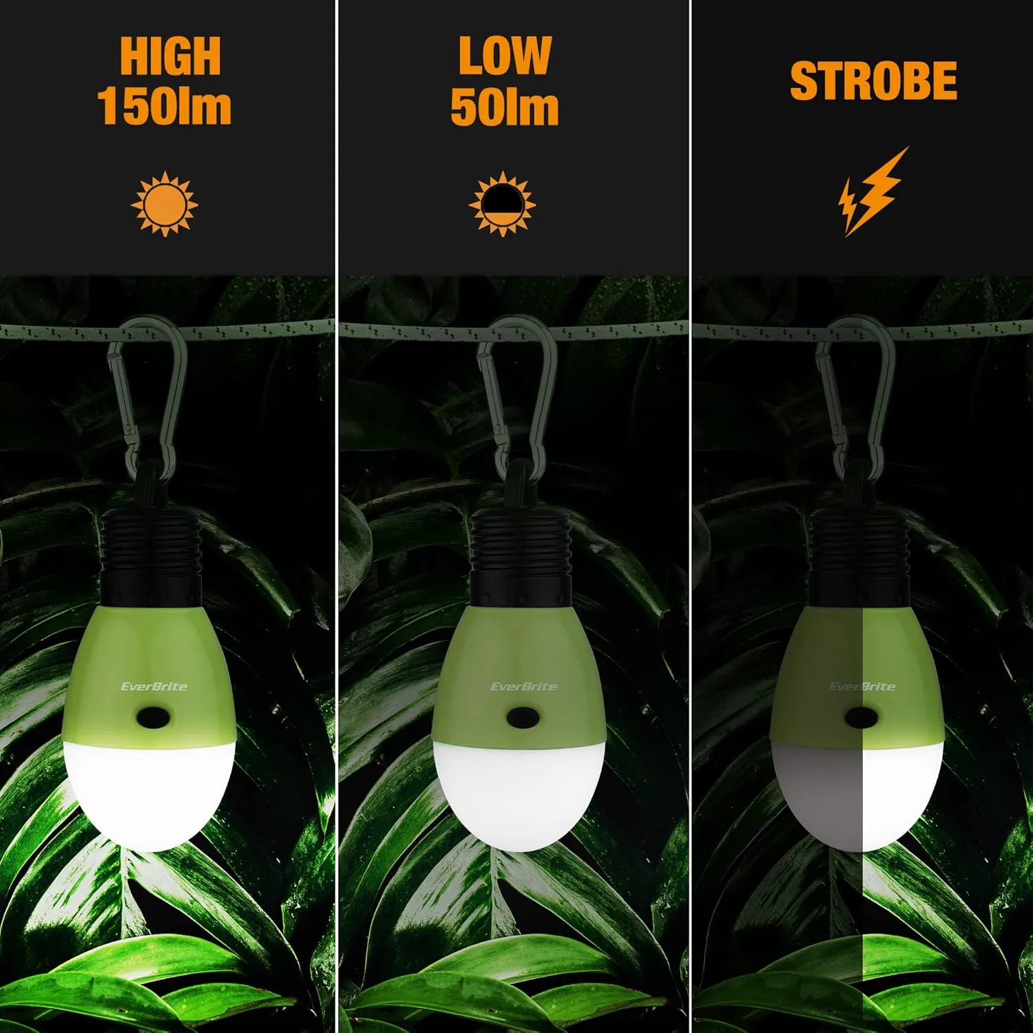 EverBrite Rechargeable Camping Light, Portable Tent Lantern, 3 Lighting Modes, Hanging Tent Light Bulbs with Clip Hook for Hiking, Fishing, Backpacking, Emergency and More(3 Pack)