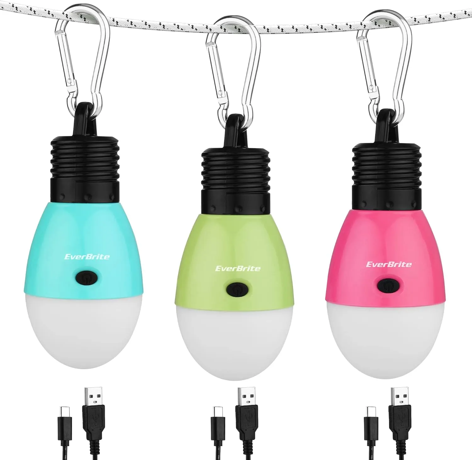 EverBrite Rechargeable Camping Light, Portable Tent Lantern, 3 Lighting Modes, Hanging Tent Light Bulbs with Clip Hook for Hiking, Fishing, Backpacking, Emergency and More(3 Pack)