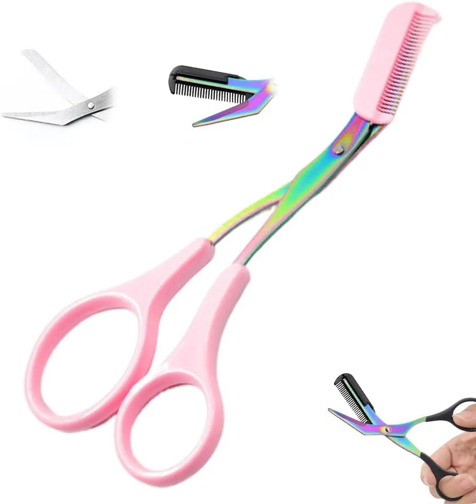 Eyebrow Trimmer Scissor, 2 in 1 Eyebrow Scissors with Comb, New Non-Slip Stainless Steel Eyebrow Trimming Scissors, Eyebrow Cutter Hair Removal Eyebrow Scissor Makeup Tool for Women Men (Pink)