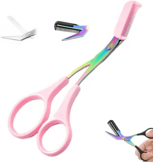 Eyebrow Trimmer Scissor, 2 in 1 Eyebrow Scissors with Comb, New Non-Slip Stainless Steel Eyebrow Trimming Scissors, Eyebrow Cutter Hair Removal Eyebrow Scissor Makeup Tool for Women Men (Pink)