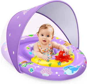 EZIGO Baby Pool Float with Canopy UPF 50  Sun Protection, Double Air Chambers Infants Swimming Floats with Sound Toys Adjustable Safety Seat Toddler Float for Boys and Girls 6-36 Months
