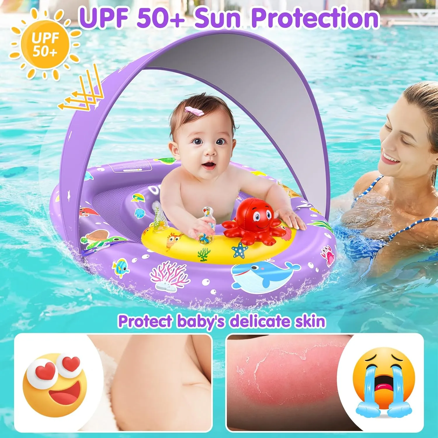 EZIGO Baby Pool Float with Canopy UPF 50  Sun Protection, Double Air Chambers Infants Swimming Floats with Sound Toys Adjustable Safety Seat Toddler Float for Boys and Girls 6-36 Months