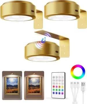 EZVALO Picture Lights for Wall, 2000mAh Rechargeable Battery Magnetic Poster Lights with 2 Color Temps & 12 RGB, Remote Dimmable Timer Painting Light, Wall Decor Light for Art Display, Frame (3 Pack)