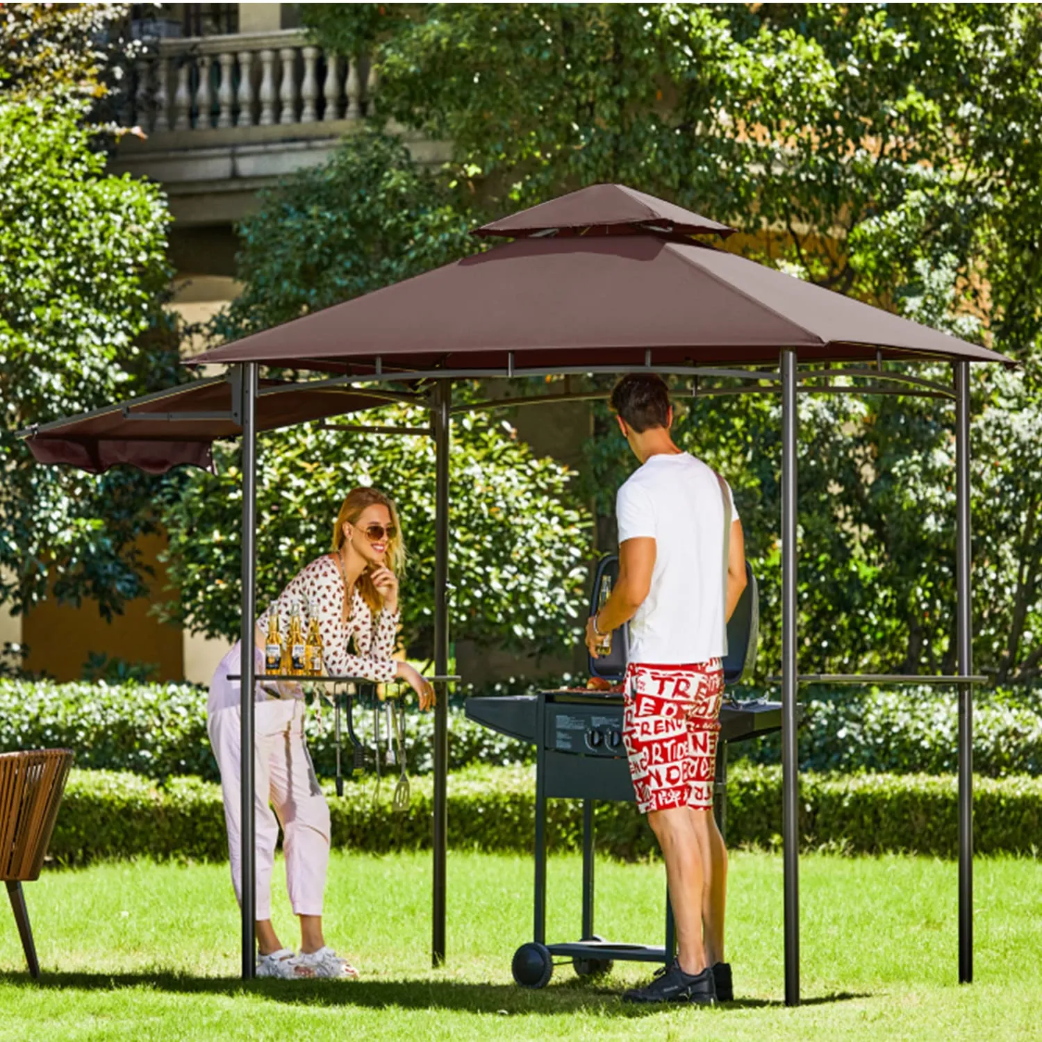 FAB BASED 5x8 Grill Gazebo, Outdoor BBQ Grill Patio Canopy with Extra Shadow & LED Lights, Barbeque Gazebo Canopy (Brown)