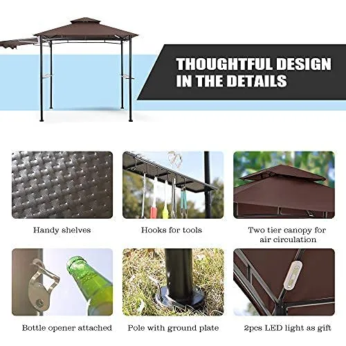 FAB BASED 5x8 Grill Gazebo, Outdoor BBQ Grill Patio Canopy with Extra Shadow & LED Lights, Barbeque Gazebo Canopy (Brown)