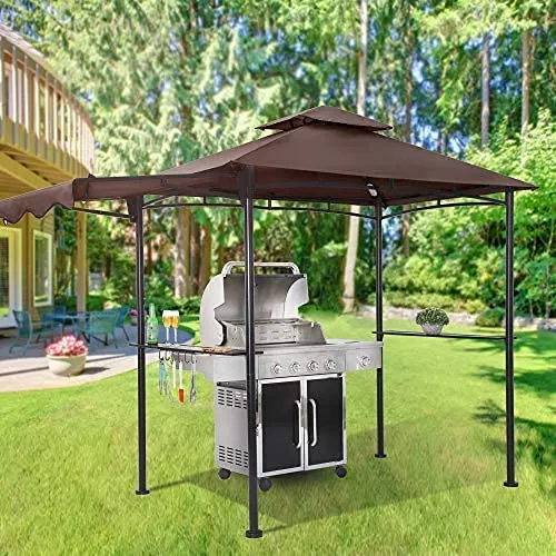 FAB BASED 5x8 Grill Gazebo, Outdoor BBQ Grill Patio Canopy with Extra Shadow & LED Lights, Barbeque Gazebo Canopy (Brown)