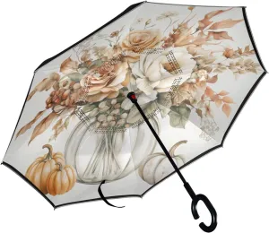 Fall Flowers Pumpkins Inverted Reverse Umbrellas for Rain Double Layer Upside Down Stick Golf Umbrella Windproof with C Shape Handle for Women Men Adults Car