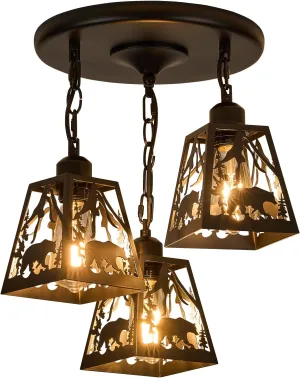 Farmhouse Rustic Ceiling Light Fixture,Black Metal Cage Pendant Lights Kitchen Island with Bear,Industrial Hanging Pendant Lighting for Dining Room Bedroom Entryway Hallway Foyer