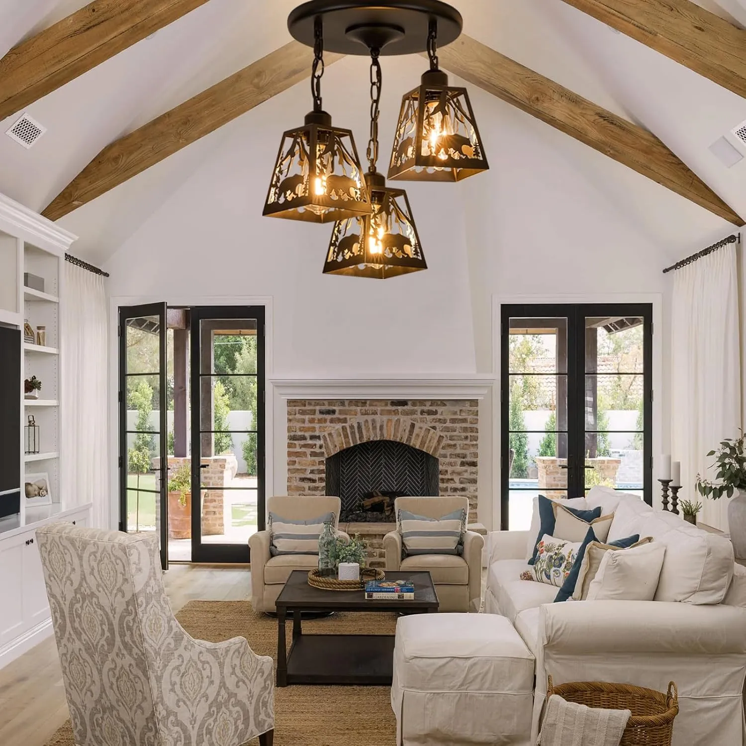 Farmhouse Rustic Ceiling Light Fixture,Black Metal Cage Pendant Lights Kitchen Island with Bear,Industrial Hanging Pendant Lighting for Dining Room Bedroom Entryway Hallway Foyer