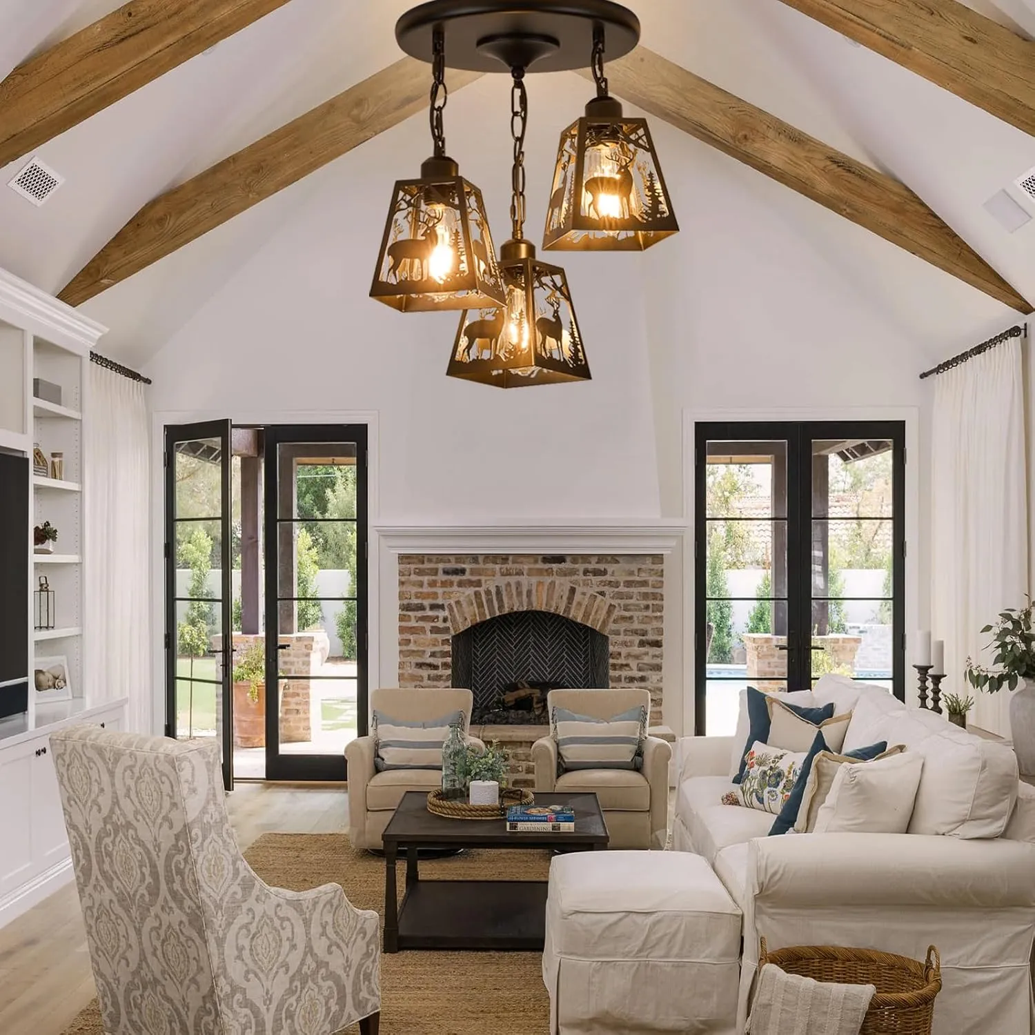 Farmhouse Rustic Ceiling Light Fixture,Black Metal Cage Pendant Lights Kitchen Island with Deer,Industrial Hanging Pendant Lighting for Dining Room Bedroom Entryway Hallway Foyer