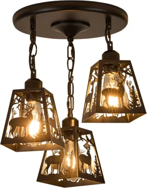 Farmhouse Rustic Ceiling Light Fixture,Black Metal Cage Pendant Lights Kitchen Island with Deer,Industrial Hanging Pendant Lighting for Dining Room Bedroom Entryway Hallway Foyer