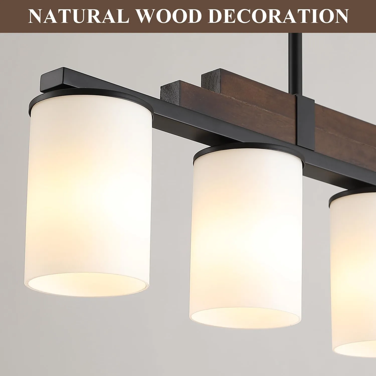 Farmhouse Wood Kitchen Island Lighting, 5-Light Adjustable Chandelier for Dining Room, Milk Glass Shade Dining Room Light Fixture Over Table, Black Hanging Pendant Lights for Kitchen, Pool Table