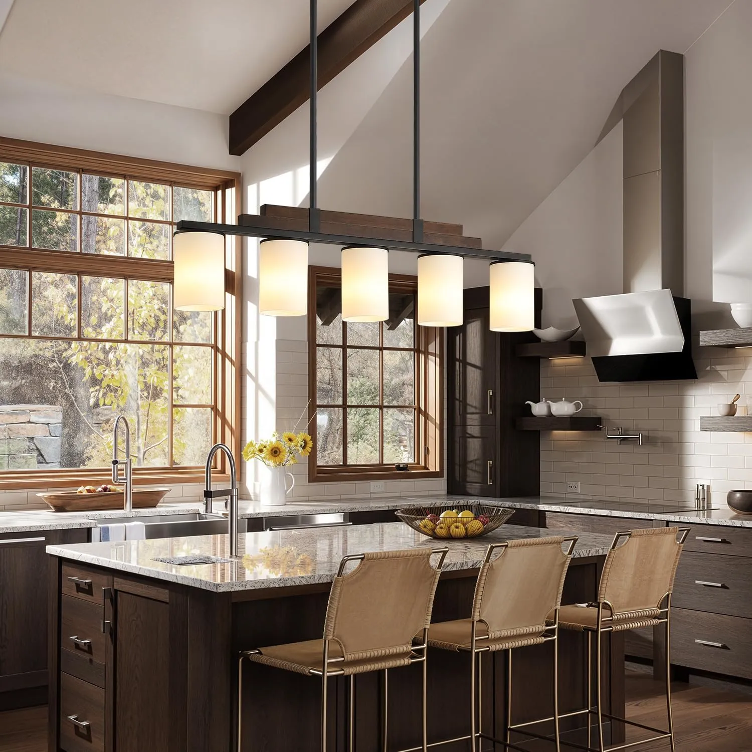 Farmhouse Wood Kitchen Island Lighting, 5-Light Adjustable Chandelier for Dining Room, Milk Glass Shade Dining Room Light Fixture Over Table, Black Hanging Pendant Lights for Kitchen, Pool Table