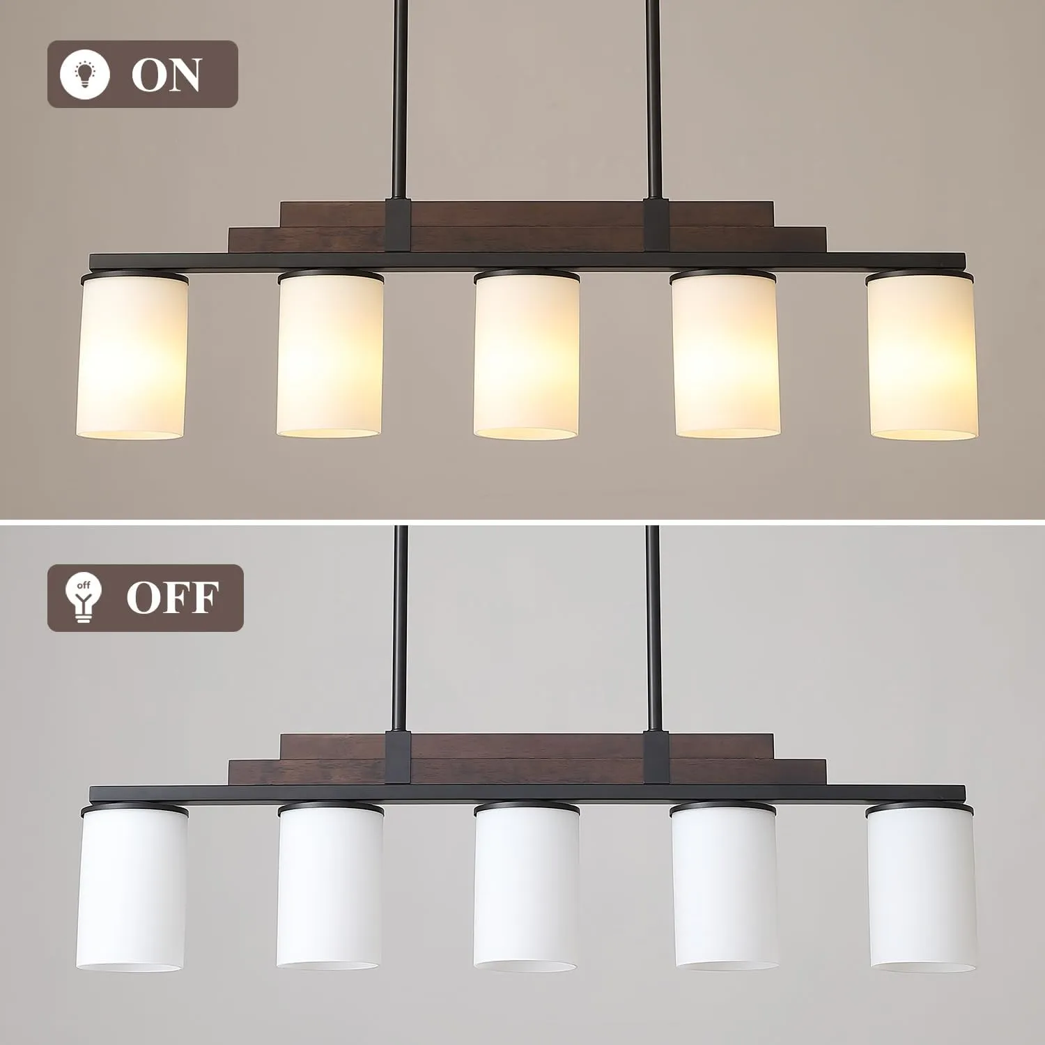 Farmhouse Wood Kitchen Island Lighting, 5-Light Adjustable Chandelier for Dining Room, Milk Glass Shade Dining Room Light Fixture Over Table, Black Hanging Pendant Lights for Kitchen, Pool Table