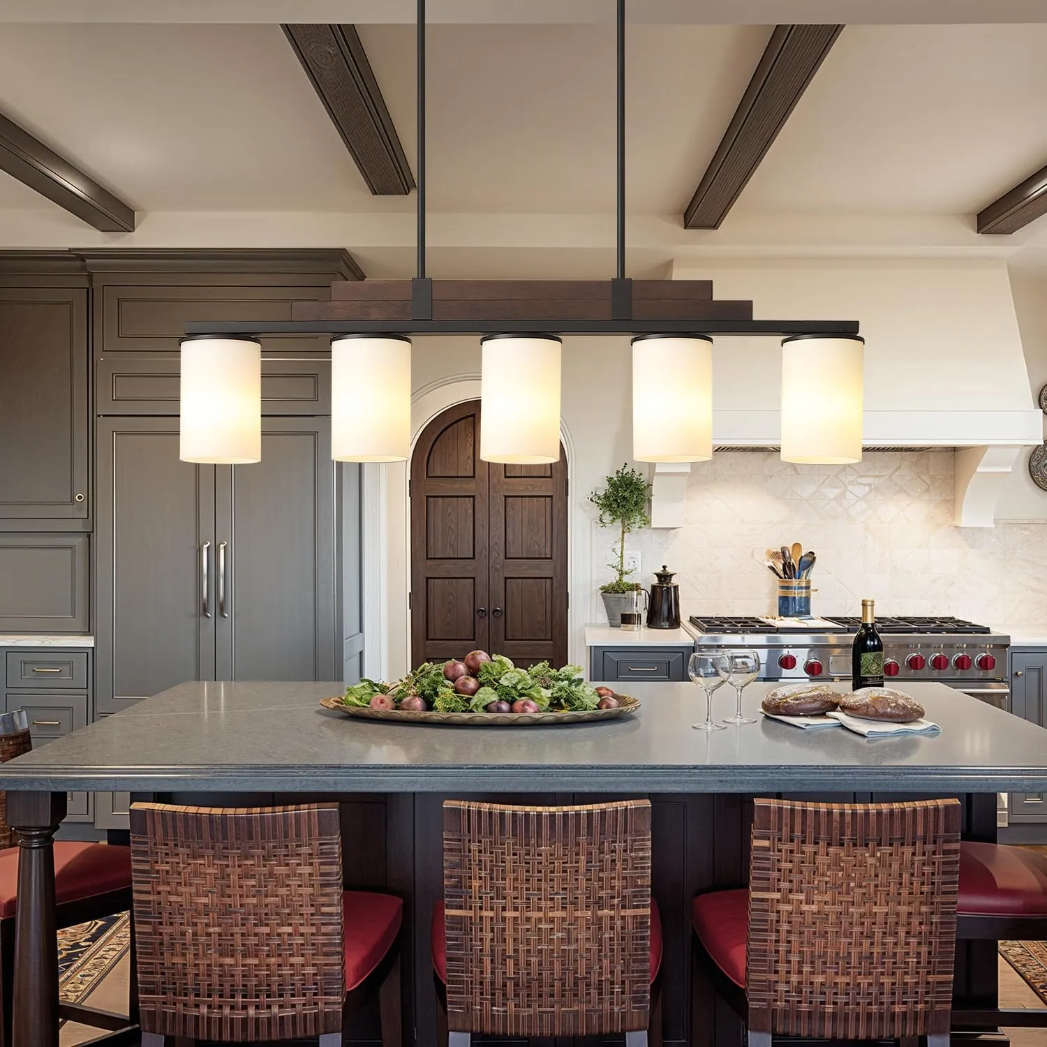 Farmhouse Wood Kitchen Island Lighting, 5-Light Adjustable Chandelier for Dining Room, Milk Glass Shade Dining Room Light Fixture Over Table, Black Hanging Pendant Lights for Kitchen, Pool Table