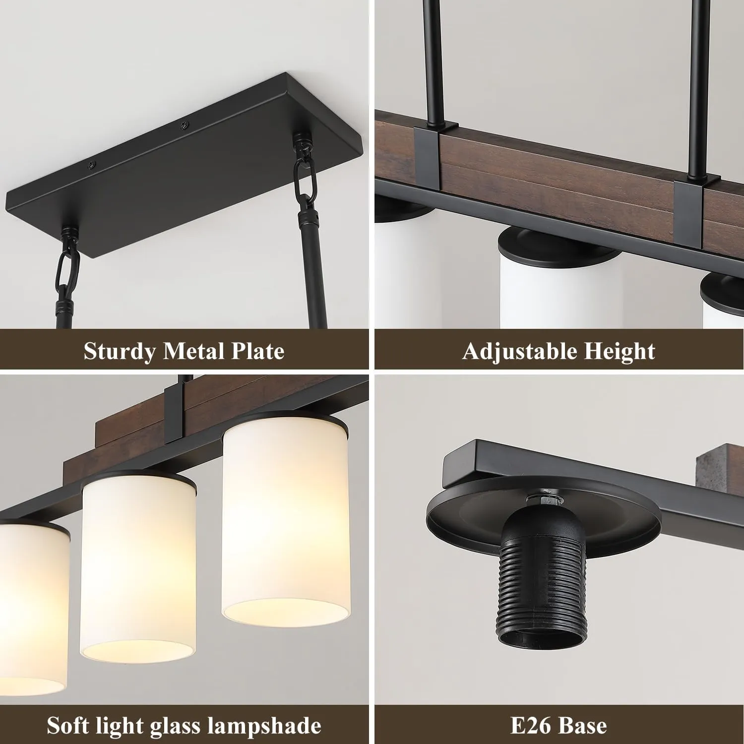Farmhouse Wood Kitchen Island Lighting, 5-Light Adjustable Chandelier for Dining Room, Milk Glass Shade Dining Room Light Fixture Over Table, Black Hanging Pendant Lights for Kitchen, Pool Table