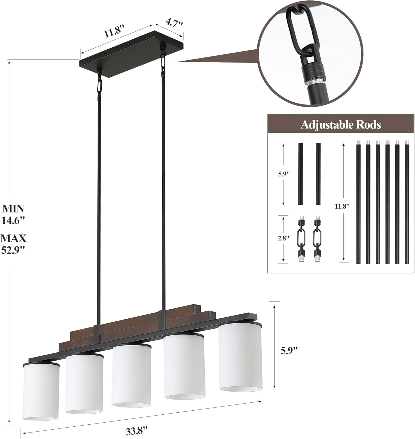 Farmhouse Wood Kitchen Island Lighting, 5-Light Adjustable Chandelier for Dining Room, Milk Glass Shade Dining Room Light Fixture Over Table, Black Hanging Pendant Lights for Kitchen, Pool Table