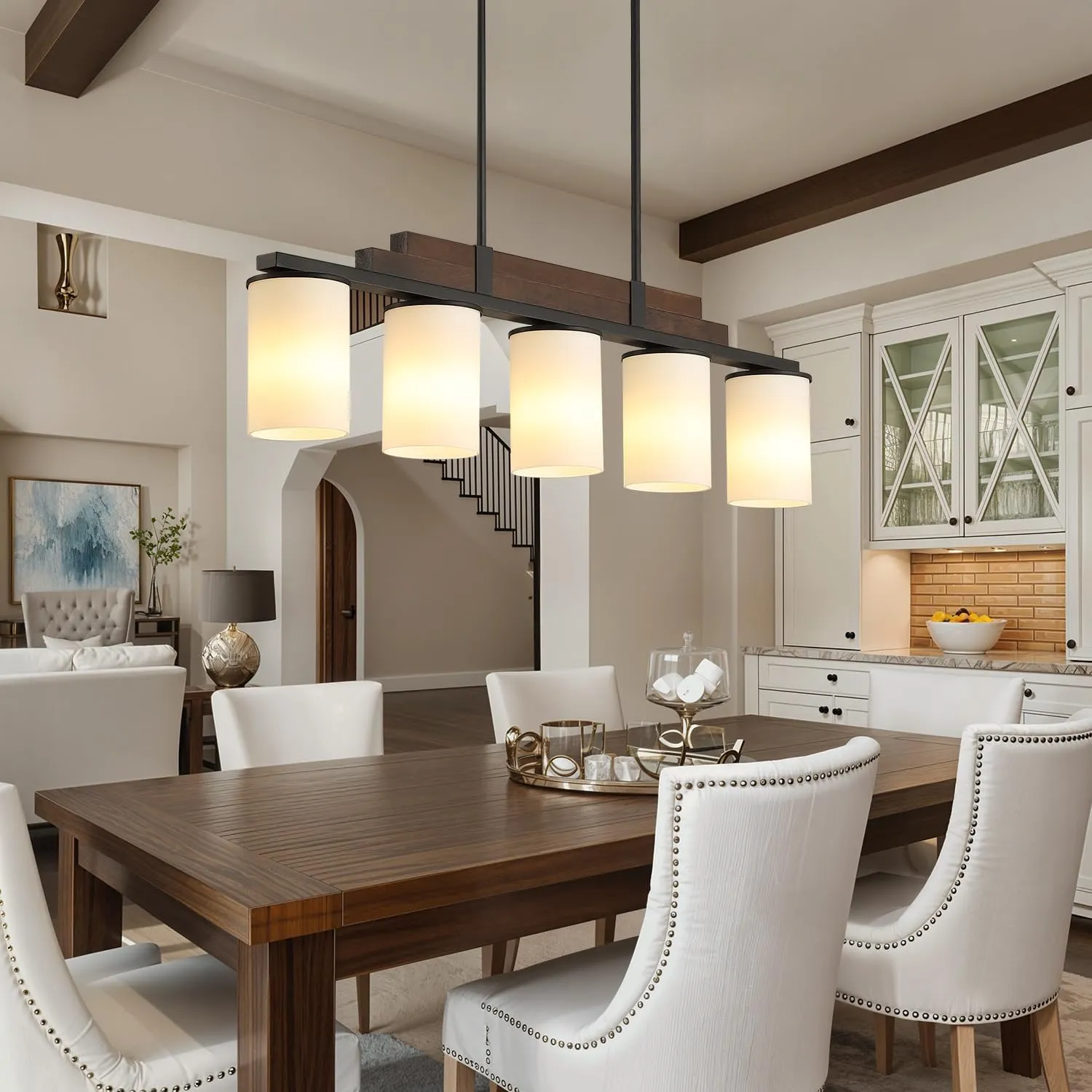 Farmhouse Wood Kitchen Island Lighting, 5-Light Adjustable Chandelier for Dining Room, Milk Glass Shade Dining Room Light Fixture Over Table, Black Hanging Pendant Lights for Kitchen, Pool Table